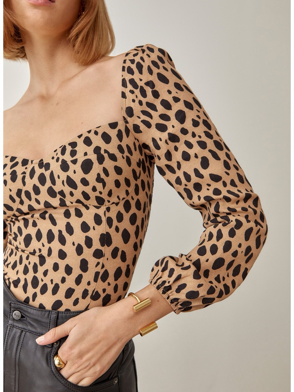 Reformation Reign Top Bobcat Animal Print Size 0 Tan Black Smocked - Picture 2 of 6